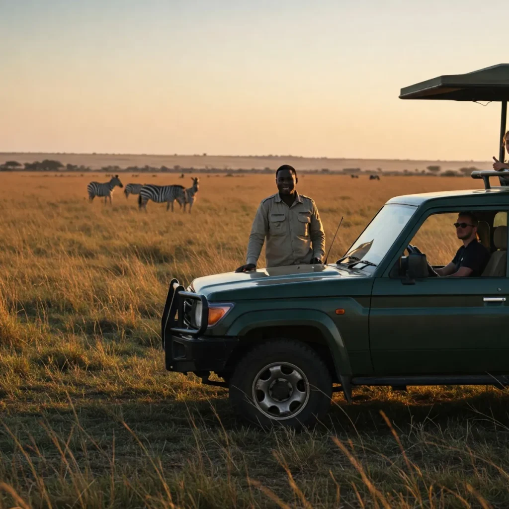 The image depicts a vibrant scene in the African savanna during a safari tour. A jeep is parked in the foreground, with a smiling Black tour guide visible in the driver's seat. The background showcases the vast expanse of the savanna, with tall grasses, acacia trees, and a distant horizon. The overall impression is one of adventure, exploration, and the beauty of the African wilderness.